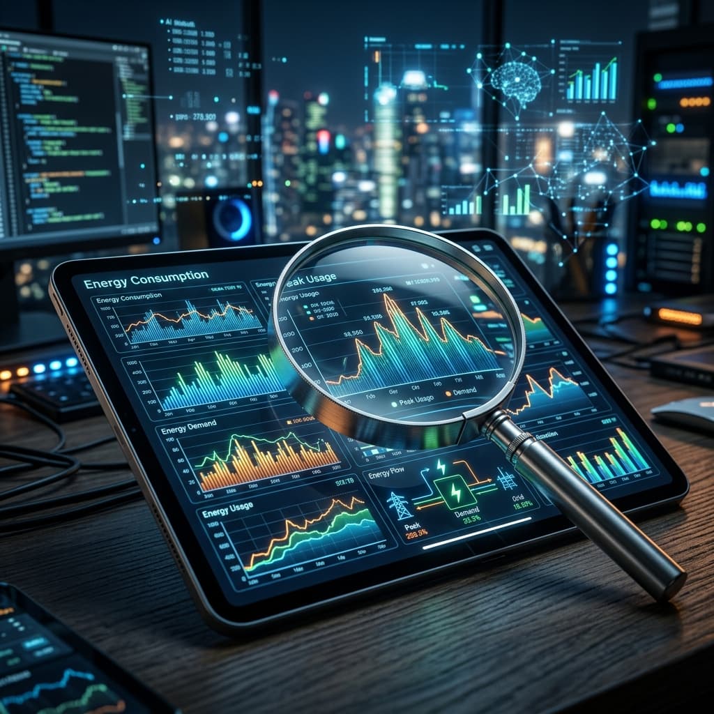 Loupe sur une tablette analysant les données d'énergie