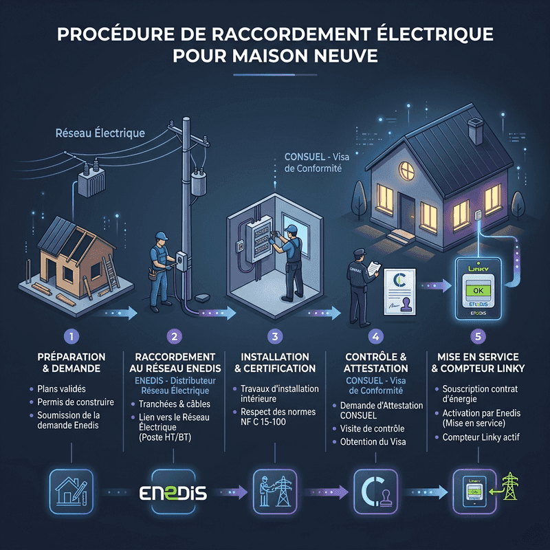 Processus détaillé de raccordement électrique au réseau public Enedis