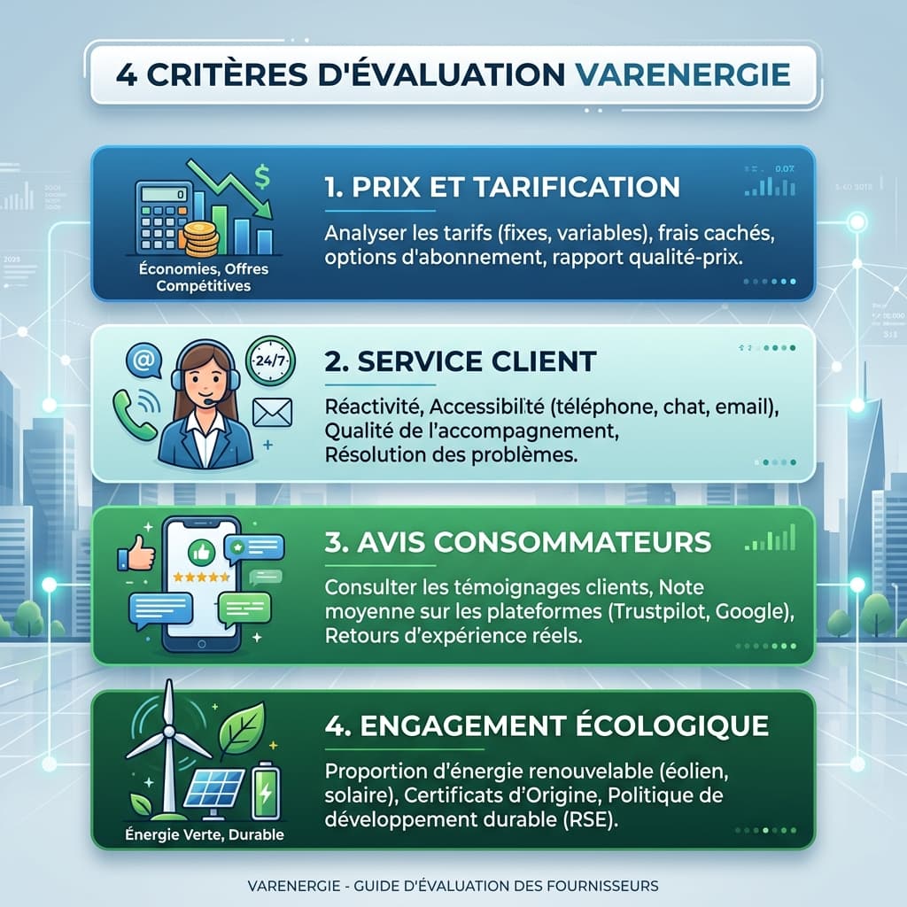 Les 4 critères d'évaluation Varenergie : prix, service client, avis, écologie